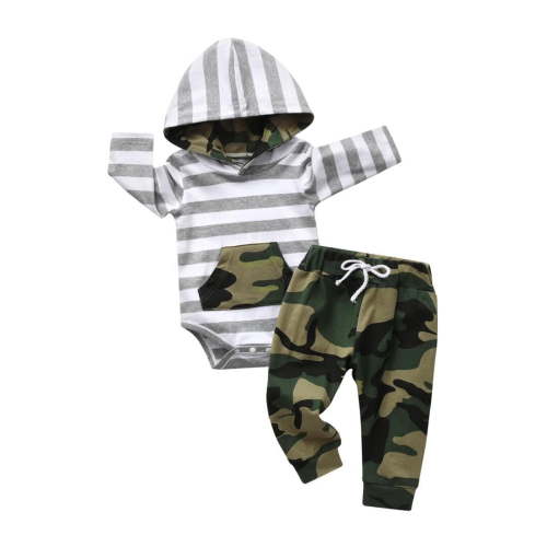 Newborn Infant Baby Boy Clothes Long Sleeve Stripe Romper Hooded Camouflage Pants Outfits Set Green 0-3 Months