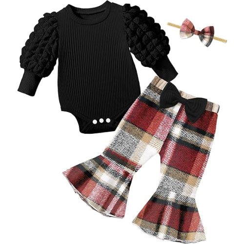 9-12 months - NAPU Baby Girl Clothes Long Sleeve Romper 3Pcs Baby Girl Outfits Flare Pants Set with Headband Fall Baby Girl Winter Clothes