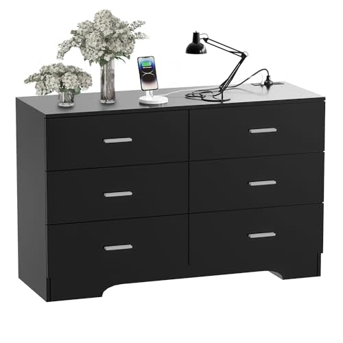 FJTJBSI Dresser with Power Outlets Wooden 6 Drawer Dresser with USB and Type C Port Chest of Drawers for Bedroom Tall Black Organizer Storage for Living Room Hallway Closet