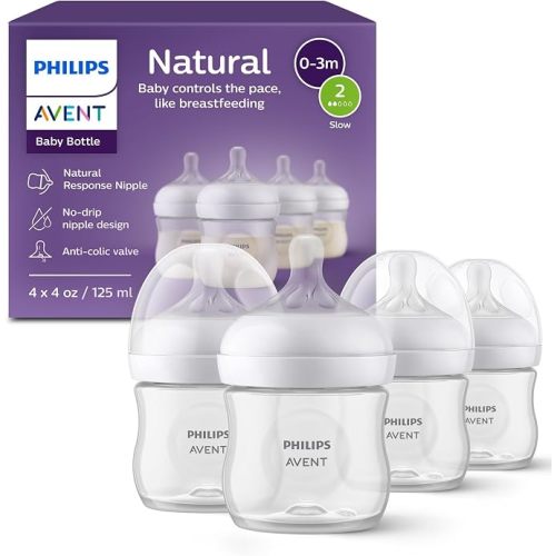 Philips Avent Natural Baby Bottles, Slow Flow, 4 oz, BPA-Free, 4-Pack | Baby-Controlled Flow, No-Drip Design, Reduces Colic and Gas with Anti-Colic Valve, 4-Pack, SCY900/04