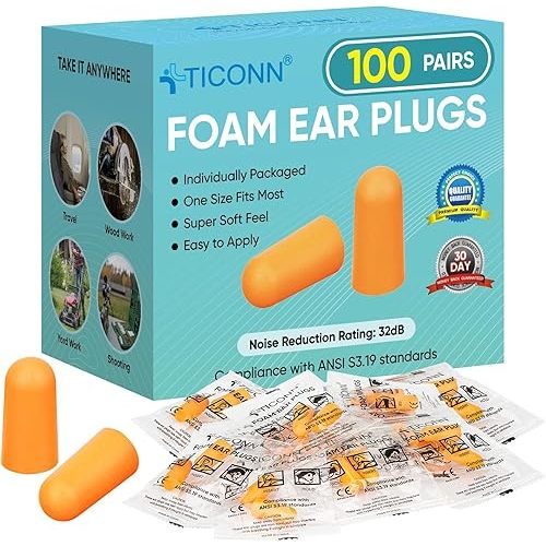 TICONN 100 Pairs Ear Plugs, 32dB Noise Reduction Earplugs for Sleeping Hearing Protection Travel Study Concentration Construction Site (100 Pairs)