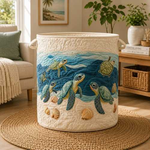 Sea Turtle Quilted Laundry Basket, Coastal Ocean Storage Bin, Beach Nursery Decor, Turtle Home Organizer