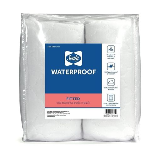 2-PACK Waterproof Fitted Toddler Bed and Baby Crib Mattress Pad Cover Protector, Noiseless, Machine Washable and Dryer Friendly, 52" x 28" - White