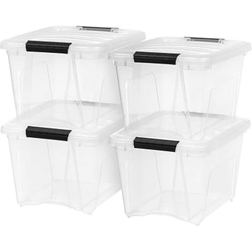 IRIS USA 19 Qt Stackable Plastic Storage Bins with Lids, 4 Pack - BPA-Free, Made in USA - See-Through Organizing Solution, Latches, Durable Nestable Containers, Secure Pull Handle - Clear