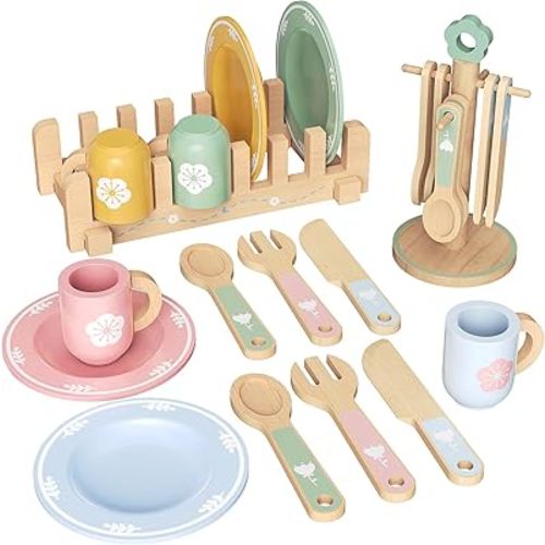 20 PCS Kitchen Playset with Wooden Toy Plates and Dishes, Montessori Kitchen Toys for Girls and Boys, Wooden Play Kitchen Accessories for Kids Toddlers Aged 3 and up