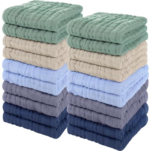 Breling 20 Pcs Baby Muslin Washcloth 12 x 12 Inch 100% Cotton Soft and Absorbent Muslin Washcloth Burp Cloth Wipe Newborn Face Towel for Baby Boy Girl Sensitive Skin(Dark Colors)