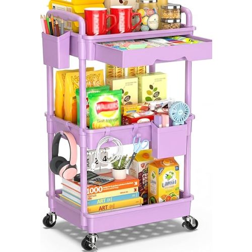 SUNALLY 3 Tier Rolling Cart Organizer with Drawer, Bathroom Storage Carts with Wheels & Plastic Shelf, Mobile Storage Organizers for Kitchen, Office, Laundry Room, Baby, Snack, Craft, Makeup, Purple