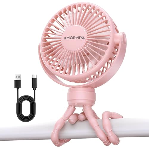 Portable Mini Stroller Fan for Car Desk Treadmill Golf Cart Pink | 4000mAh 20H Battery, Flexible Silicone Tripod | Quiet Brushless Motor 4.5m/s, 3 Speeds, Detachable Cover, Type-C, 360° Rotate