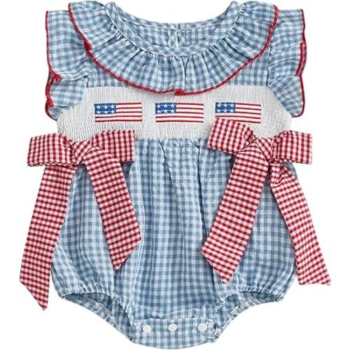 4th of July Baby Girl Outfits Infant Smocked Bubble Romper Onesie American Flag Bodysuit Newborn Summer Clothes