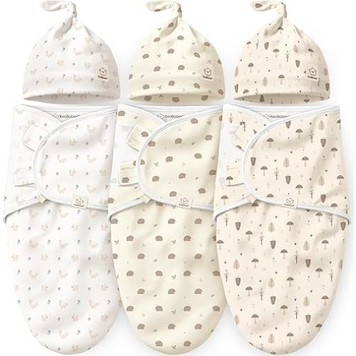KeaBabies 3-Pack Organic Swaddles for Newborns Girls, Boys with Hats - Soft Cotton Baby Sleep Sacks 0-3 Months,Breathable Baby Hats and Swaddles 0-3 Months,Newborn Essentials Must Haves(Nibbles/Bruce)