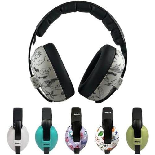 BANZ Baby Earmuffs – Noise Cancelling Headphones for Infant & Toddler Hearing Protection, Baby Ear Muffs Noise Protection, ANSI Certified, Ages 0–2 Years, Adjustable - Gray Doodle