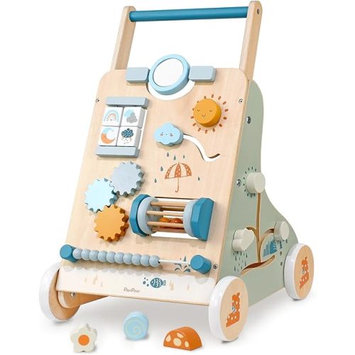 PairPear Wooden Baby Walker, Baby Push Walker, Montessori Walker Toy with Activity Center for Girls Boys, Adjustable Speed Baby Walker for Kids Development