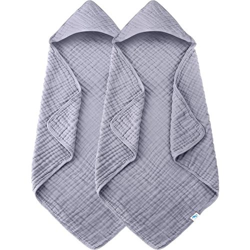 SWEET DOLPHIN Muslin Hooded Baby Bath Towels - 2 Pack 100% Cotton Towel for Babies, Infants, Toddlers - 32x32Inch - Highly Absorbent and Newborn Essential, Grey