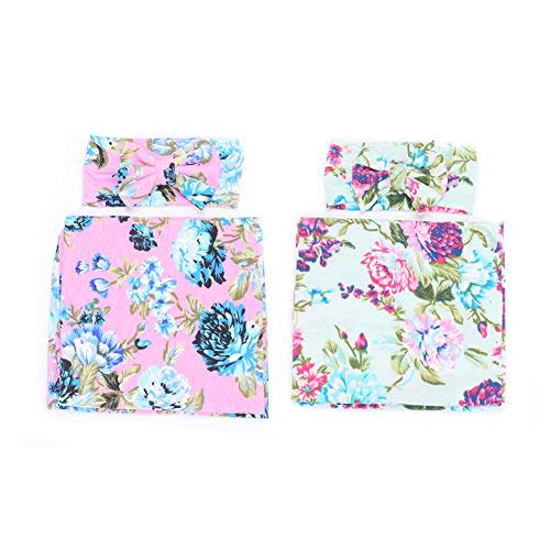 Galabloomer Newborn Receiving Blanket Headband Set Flower Print Baby Swaddle Receiving Blankets