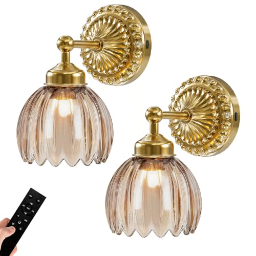 Battery Operated Wall Sconce, Vintage Wall Light, 2 Pack, Amber Tulip Glass | Gold Metal Base, 5200mAh Rechargeable, Dimmable LED, Remote Control, Cordless, Bedside, Bedroom, Doorway, Living Room
