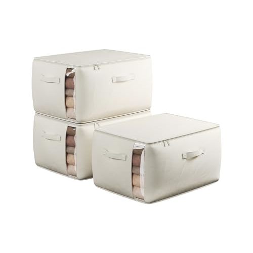 Large Canvas Clothes Storage Bags with Thick Handles and Clear Window, Foldable Cotton Linen Closet Organizer for Clothing, Blankets and Bedding, 70L, 3 Pack, Beige