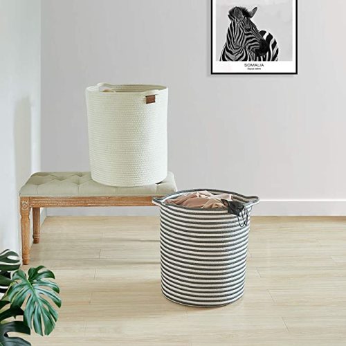 Cotton Rope Basket 16" x 18" Woven Baby Laundry Basket for Blankets,Storage Baskets with Handles for Toys,Striped Basket,Woven Nursery Bins,Nursery Hamper - 18"x16" - Dark blue and white