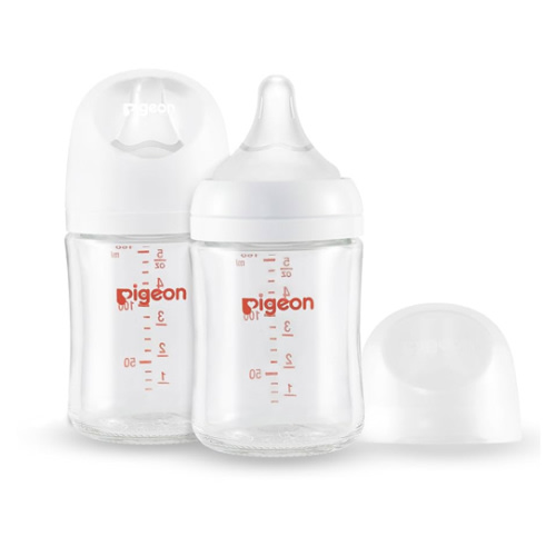Pigeon Glass Nursing Bottle Wide Neck, Anti-Colic, Streamlined Body, Natural Feel, Easy to Clean, Heat-Resistant, 5.4 Oz(Pack of 2), Includes 2pcs SS Nipples (0m+)