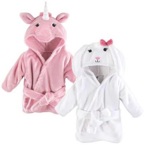 Hudson Baby Infant Girls 2Pc Plush Animal Face Bathrobe, Pink Unicorn Bunny, 0-9 Months