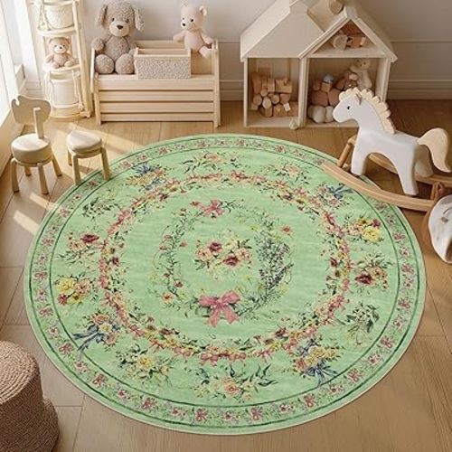 Joydeco Boho Floral Washable 5ft Round Area Rug for Nursery Girls Bedroom, Sage Green Circle Kids Room Playroom Rug Non Slip, Flower Circular Indoor Carpet for Living Dining Room Kitchen, Green