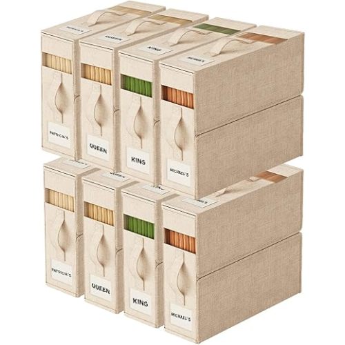 Sheet Organizers and Storage with Handles – Foldable Linen Closet Storage for King & Queen Sheet Sets – Clear Window & Removable Labels – Dustproof & Space-Saving Design, 8 Pack, Beige