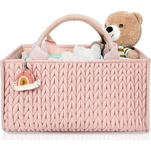 MOMINSIDE Diaper Caddy Organizer, Baby Basket Nursery Storage, Caddy Organizer for Portable Changing Table Dresser Car, Baby Registry Baby Shower Gifts for Girl Boy(Pale Pink)