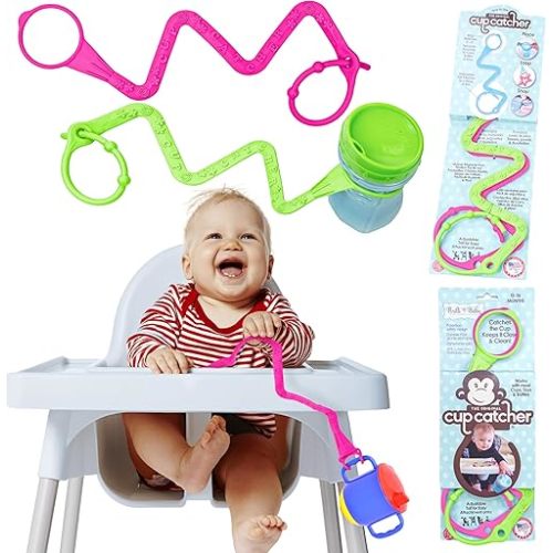 Brilli Baby Cup Catcher Patented Safety Tether Strap, Attach Sippy Cups, Bottles, Pacifiers & More to Stroller, High Chair, Car Seat, Made in USA, Food Grade, Dishwasher Safe (Pink & Lime)