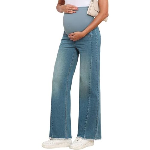 BLENCOT Maternity Jeans for Women Straight Leg Stretchy Denim Ripped Pregnancy Boyfriend Jean