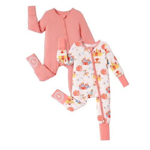 PATPAT Baby Footie Romper, Viscose from Bamboo, Long Sleeve, 2-Way Zipper, Fold-Over Mittens, Cuffs & Anti-Slip Grips