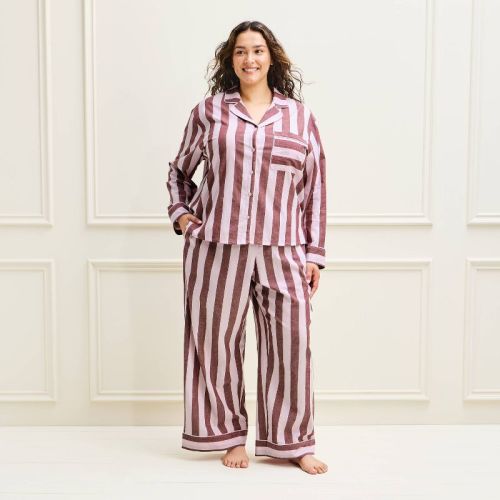 Women's Long Sleeve Cotton Poplin Notch Collar Top and Pants Pajama Set - Auden™ Pink/Red Striped 3X
