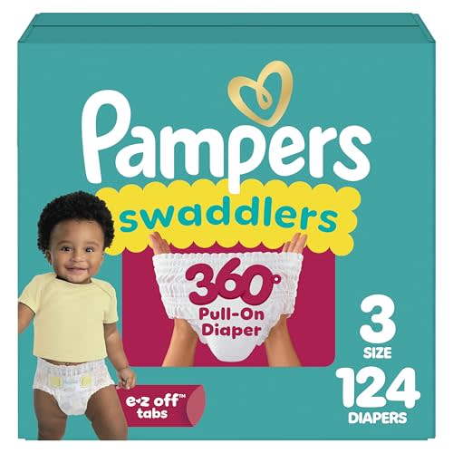 Pampers Diapers - Swaddlers 360° - Size 3, 124 Count, up to 100% Leakproof Comfy Dry Fit, Designed for Easy Changes, Pull On Baby Diaper (Packaging May Vary)