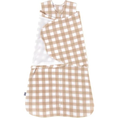 HALO Micro-Fleece Sleepsack Swaddle, 3-Way Adjustable Swaddle Blanket for Newborn and Infants, TOG 3.0 for Cold Climates, Hip Healthy, Gingham Tan, Small, 3-6 Months
