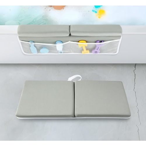 PandaEar Baby Bath Kneeler & Elbow Rest Pad, Comfortable Non-Slip Kneeling Mat Cushion with Toy Organizer Storage Pockets, Foldable Foam Mat for Toddler Bathroom Bathing Time (Grey)