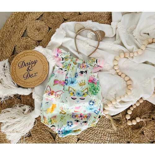 Kitty Cat Seaside Romper: Handmade 100% Cotton Baby Girl Playsuit - Size 1
