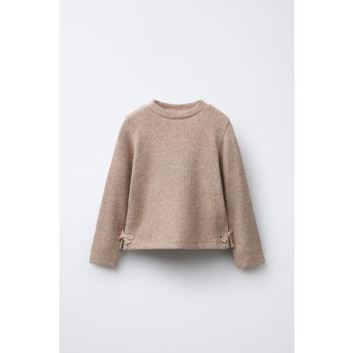 RIBBED SHIMMER BOW T-SHIRT - taupe brown | ZARA United States