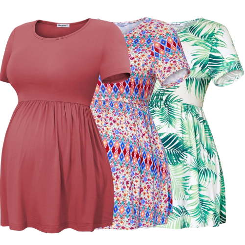 Bearsland Women's Short Sleeve Maternity Shirts Tops Pregnancy Clothes 3-Pack