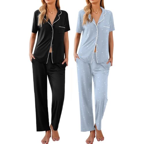 Ekouaer 2 Pack:Women Pajamas Short Sleeve Pj Set Notch Collar Button Up Loungewear Cozy Sleepwear Sets Black and Stars M