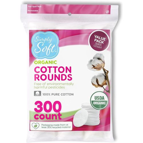 Simply Soft Premium Organic Cotton Rounds, 100 Count (Pack of 3), 100% Cotton Pads, Certified Organic, Hypoallergenic, Soft & Absorbent for Beauty, Cosmetics, Skin Care, Lint Free