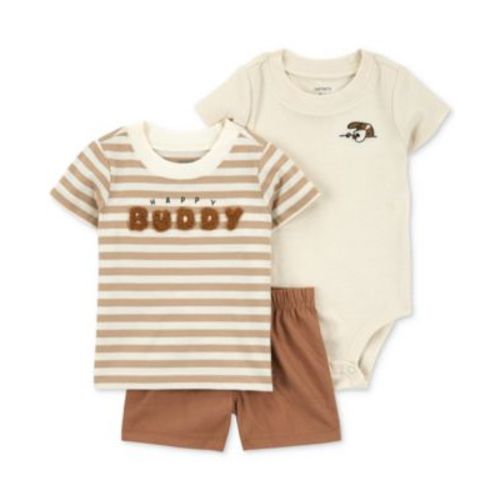Baby Boys Happy Buddy Striped T-Shirt, Bodysuit & Shorts, 3 Piece Set