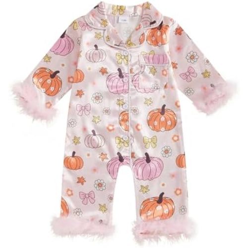 Baby Girl Satin Pajamas Bow Print Silk Romper Pjs Long Sleeve Feather Trim Button Down One-Piece Sleepwear Jumpsuit