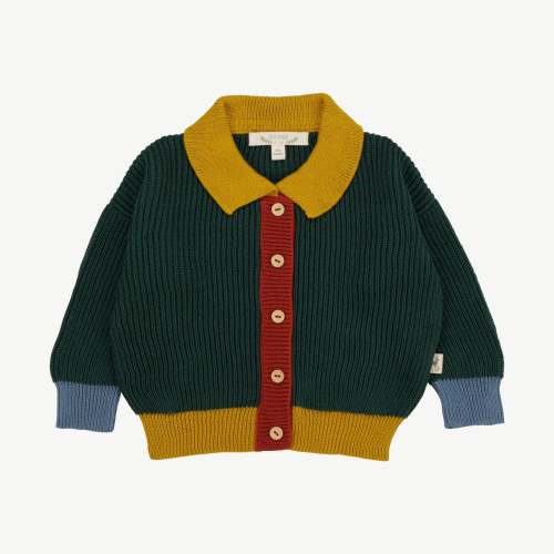 Knit Collared Cardigan - Color Block Dark Green