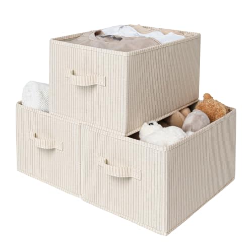 StorageWorks Shelf Organizer Bins, Beige Stripes, 3-Pack, Large | Foldable Shelf Organizer Bins, Closet Storage Baskets for Clothes, Fabric Storage Bins for Shelves