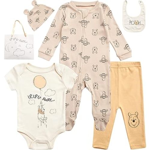 Disney Newborn Baby Girl Boy Clothes - 7 Piece Mickey Mouse Winnie the Pooh Bib Onesie Overall Beanie Pants Gift Bag Gift Set