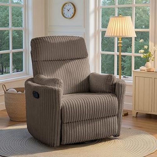 Nursery Rocking Chairs Comfy High Back 360 Swivel Rocker Recliner with 2 Pillows Glider Recliner Nursery Chair for Adults Small Spaces Nursing Bedroom Living Room Brown