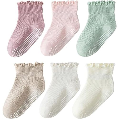 6 Pairs Toddler Ruffle Socks for Girls Baby Grip Socks Non Slip Socks Cute Grippy Frilly