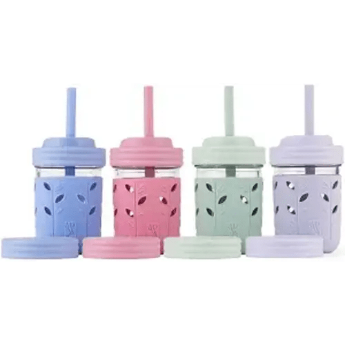 Elk and Friends Kids + Toddler Glass Cups | The Original 8oz Glass Mason Jar with Sleeves + Lids | Silicone Straws + Stopper | Smoothie Cup | Food Storage | Spill Resistant | Dishwasher Safe | 4 Pack