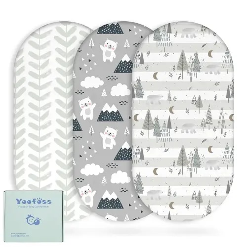 Yoofoss Bassinet Sheets for Baby,3-Pack Fitted Bassinet Sheets Set Compatible with Halo Bassinest Swivel Sleeper,Baby Delight,Angelbliss,Soft Breathable Bassinet Mattress Sheets(Grey+Bear)