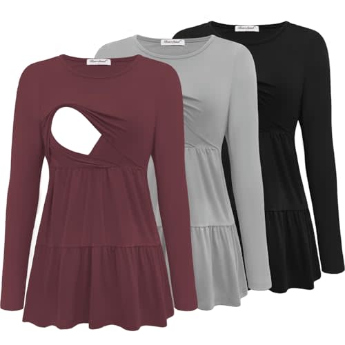 Bearsland Long Sleeve Nursing Top | Warmth Scoop Neck Breastfeeding Shirts Nursing Shirt 3 Pack For Women