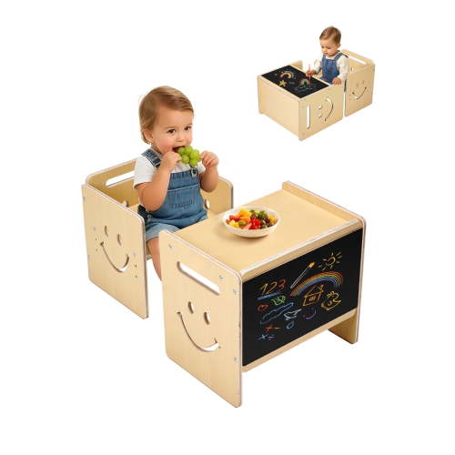 VEVOR Montessori Weaning Table and Chair Set, 3 In 1 Wooden Toddler Table and Chairs with Chalkboard, Adjustable Height Montessori Chair for Ages 1-5, Ideal for Drawing, Reading, Eating - Natural