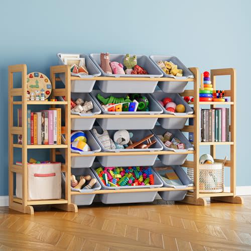 SpaceAid Toy Storage Organizer with 6 Shelves and 12 Bins, Toy Organizers Storage Bookshelf, Kids Bin Shelf Toys Box Bookcase for Bedroom Playroom Organization Room Decor, Neutral Gray